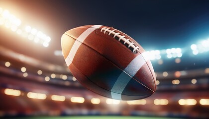 An ultra-realistic 3D render of an American football spinning mid-air, with motion blur and a stadium backdrop, capturing the intensity and action of the game.