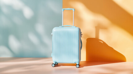 Travel essentials stylish blue suitcase on colorful background product photography modern setting vibrant aesthetic