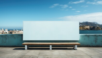 A large white billboard sits on a bench overlooking the ocean