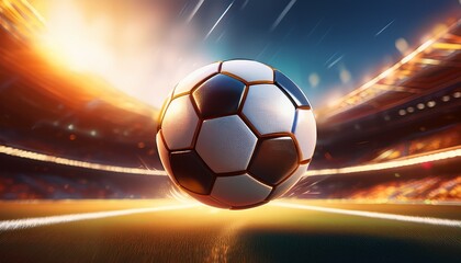 Fototapeta premium An ultra-realistic 3D render of a soccer ball spinning in the air, with motion blur and stadium lights illuminating the scene, capturing the dynamic energy of the game.