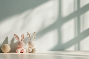 Playful bunny figurines in sunlit room decorative art minimalist style whimsical vibe