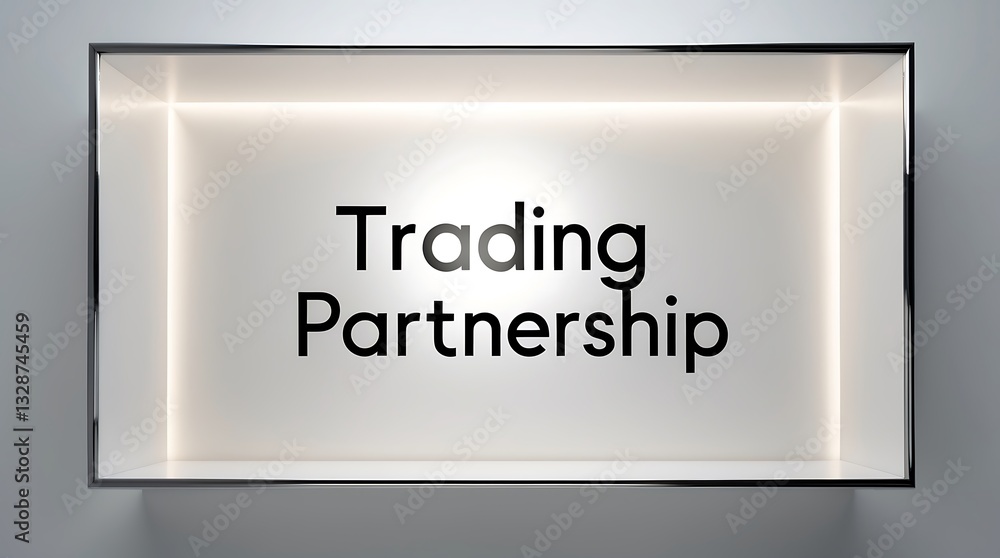 Poster illuminated display of trading partnership text on a neutral backdrop
