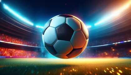 Naklejka premium An ultra-realistic 3D render of a soccer ball spinning in the air, with motion blur and stadium lights illuminating the scene, capturing the dynamic energy of the game.