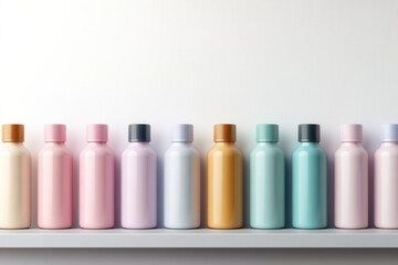 Refreshing beverage bottles displayed on a shelf modern interior still life colorful arrangement lifestyle concept