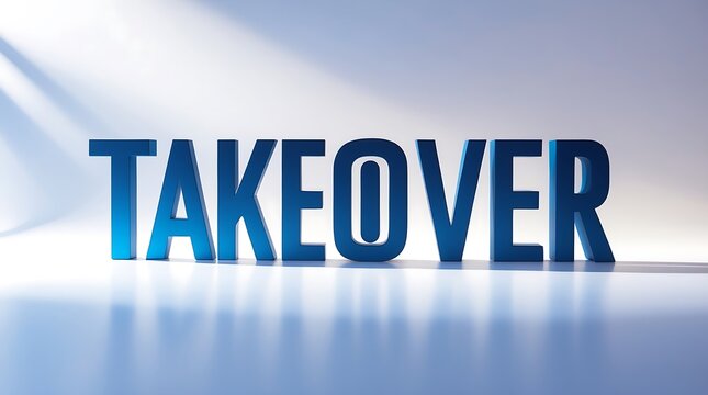 Bold lettering spells takeover against a clean backdrop enhanced by soft lighting