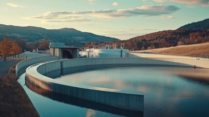 Fototapeta premium Pristine and contemporary water reservoir reflecting sustainable design and environmental harmony.