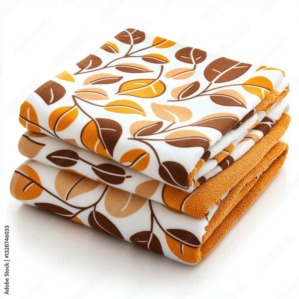 Poster a set of neatly folded towels featuring a vibrant leaf pattern in warm colors like orange and brown 