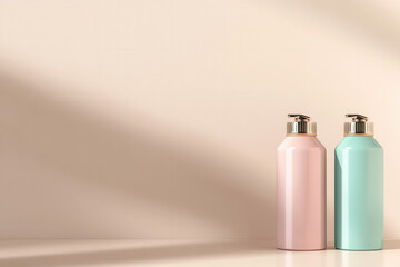 Stylish cosmetic bottles displayed on a minimalist shelf home bathroom product photography calm environment close-up view
