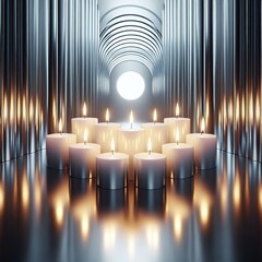 Polished Steel White Candles Polished steel surface reflecting t
