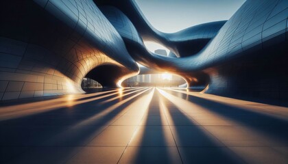 Polished walkways reflect early sunshine offset by shadows of ad