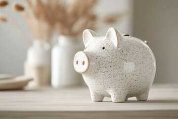 Saving for the future elegant piggy bank on wooden table home decor minimalist style close-up shot