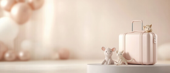 Playful travel companions modern setting product display soft colors close-up adventure awaits