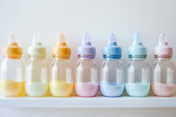Colorful baby bottles displayed on shelf nursery decor product photography bright environment close-up view