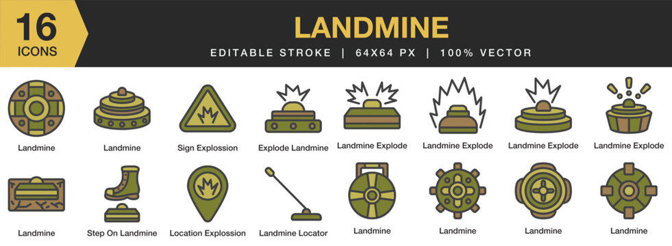 Landmine flat color icon set. Includes landmine icons, and More. Flat color icons vector collection.