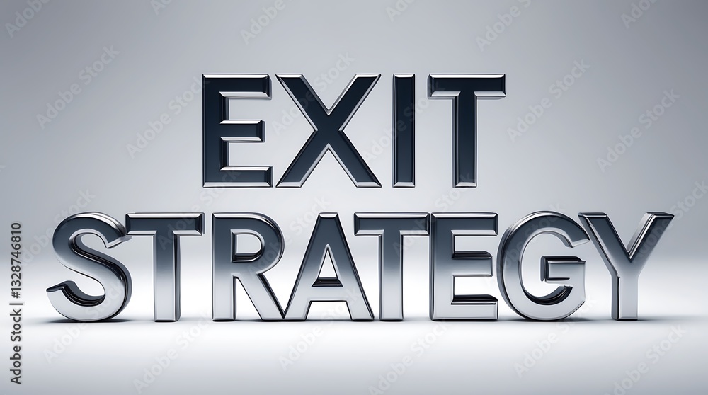 Poster metallic text showcasing exit strategy concept on a minimalistic background