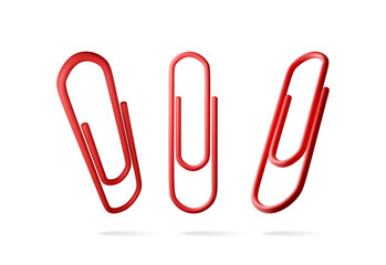 Obraz premium 3D set of red paper clips isolated on white. Render collection of paperclip icons. Tools for education and work. Stationery and office supply. Vector illustration
