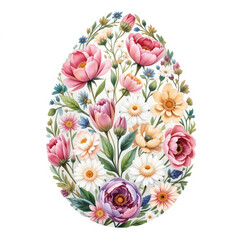 Obraz premium An Easter egg filled with a variety of flowers: pink peonies, white daisies and tulips in pastel colors. The dense composition creates a spring mood and a festive atmosphere.