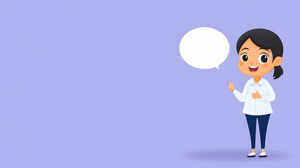 Happy girl pointing at blank speech bubble on purple background