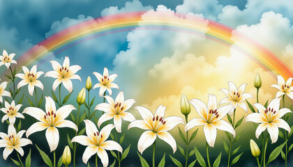 Fototapeta premium Vibrant white lilies under a rainbow in a flower field, renewal, Palm Sunday, Watercolor style