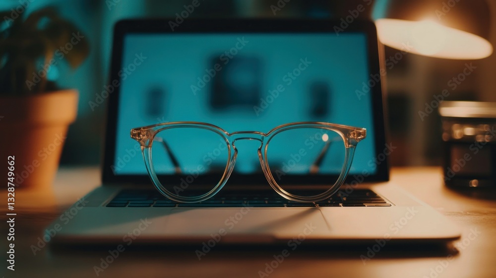 Aufkleber glasses resting on a laptop computer keyboard desktop