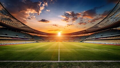 A peaceful yet powerful sunset over an empty football stadium, capturing the stillness and grandeur of the sports arena in golden light, evoking a sense of anticipation and history.
