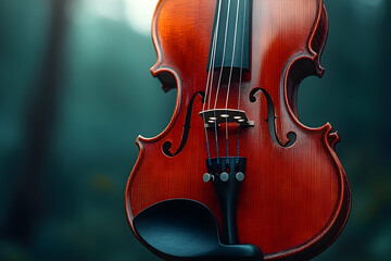 A close-up of a reddish-brown violin, its strings taut, hangs in a softly blurred, dark-green forest background