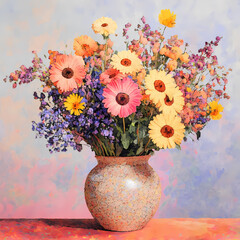 Colorful wildflower bouquet in ceramic vase with soft pastel backdrop