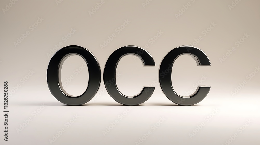 Poster metallic letters spelling occ arranged on a neutral background in a studio setting