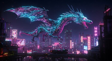 A futuristic 3D cyber-dragon glowing with neon lights in a city skyline