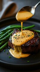 a spoon pouring bearnaise sauce on filet mignon, green beans on the side, on a black plate, warm lighting in the background