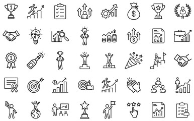 Business Success and Achievement Line Icons Set – Growth, Trophy, Leadership, Teamwork, Goal Setting, Financial Progress, Motivation, Winner, Competition, Productivity, Career Advancement, Rewards