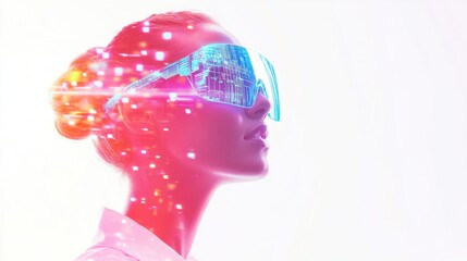 Woman with futuristic head and glasses in a modern setting showcasing technology and innovation