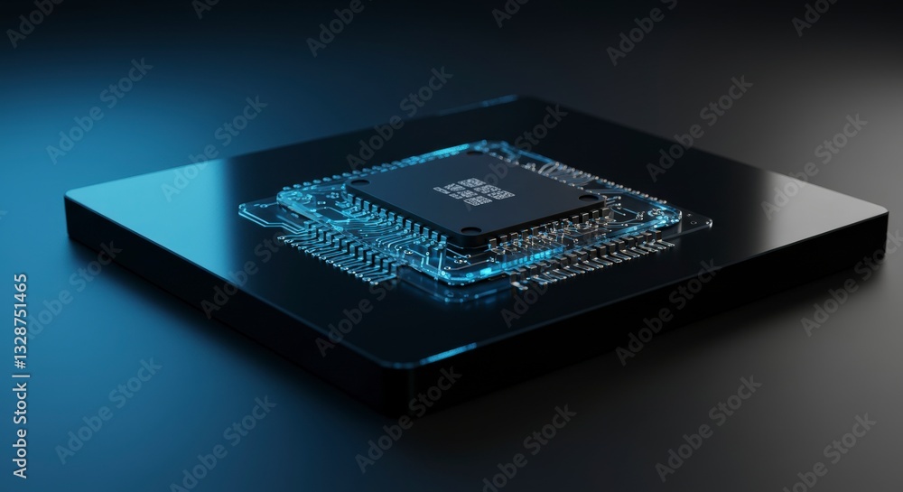 Poster close-up of microchip on dark surface showing intricate circuitry detail
