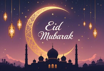 Elegant Eid Mubarak Celebration with Golden Crescent Moon, Hanging Lanterns, and Mosque Silhouette in a Festive Night Sky