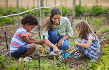 Farm, sustainability and woman with kids, learning and environment with knowledge. People, group...