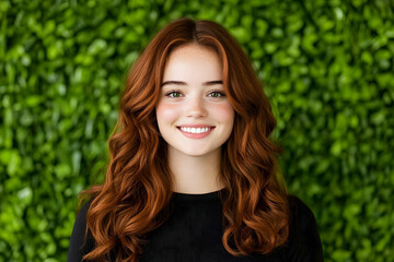 Fototapeta premium Happy redhead woman smiling against green wall