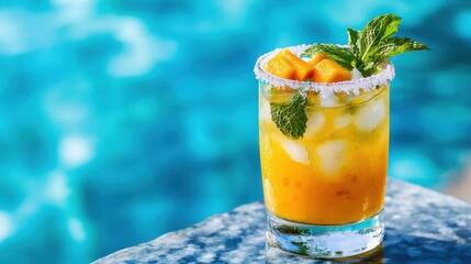 Of a Golden mango mojito with crushed mint leaves and a sugared rim, sitting on a glass-top table by a luxurious blue pool