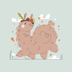 Adorable cartoon llama wearing a stylish hat decorated with flowers and feathers, surrounded by floating hearts. Perfect for love, joy, and whimsical themes.