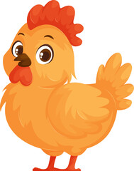 Adorable cartoon hen with fluffy feathers, a bright red comb, and big expressive eyes, standing on a white background. Ideal for farm themes.