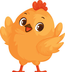 Cute cartoon baby chick with a round body, big eyes, and open wings, expressing joy. Perfect for kids' designs and farm-themed content.