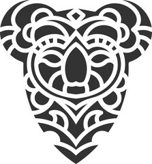 Intricate black and white tribal koala illustration with bold geometric patterns and symmetrical design, perfect for tattoos, logos, and artistic projects. © Javvani