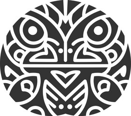 Intricate black and white tribal frog illustration with a circular geometric pattern, featuring bold lines and symmetrical