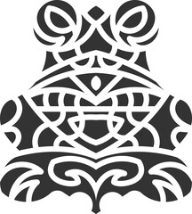 Intricate black and white tribal frog illustration featuring bold geometric patterns and symmetrical design, perfect for tattoos, logos, and artistic projects.