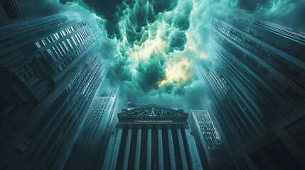 City under overcast sky with dark clouds illustrating the uncertainty and instability in the global financial environment