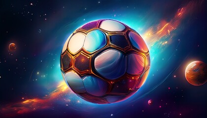 Naklejka premium A surreal and artistic concept of a soccer ball as a planet floating in space, surrounded by stars and galaxies, blending sports with the cosmos in a unique cosmic sports vision.