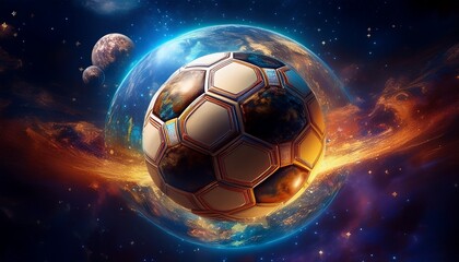 A surreal and artistic concept of a soccer ball as a planet floating in space, surrounded by stars and galaxies, blending sports with the cosmos in a unique cosmic sports vision.