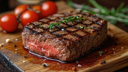 Juicy steak placed on a wooden cutting board ready for preparation and cooking in kitchen environment