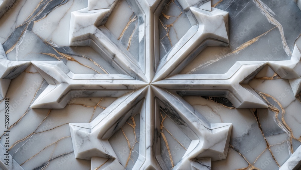 Poster close-up view of a detailed marble snowflake pattern, showcasing intricate craftsmanship, smooth tex