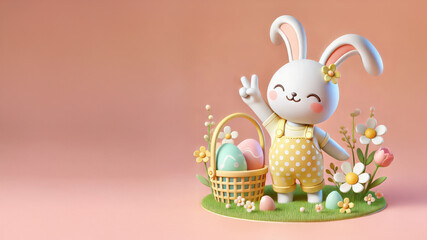 Fototapeta premium 3D Cute cartoon easter rabbit isolated on pastel background. colorful easter eggs on basket.