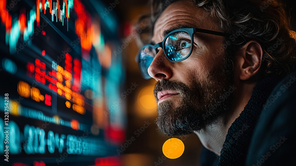 Aufkleber Concerned investor analyzing digital stock chart on computer screen with expressions of worry and anticipation